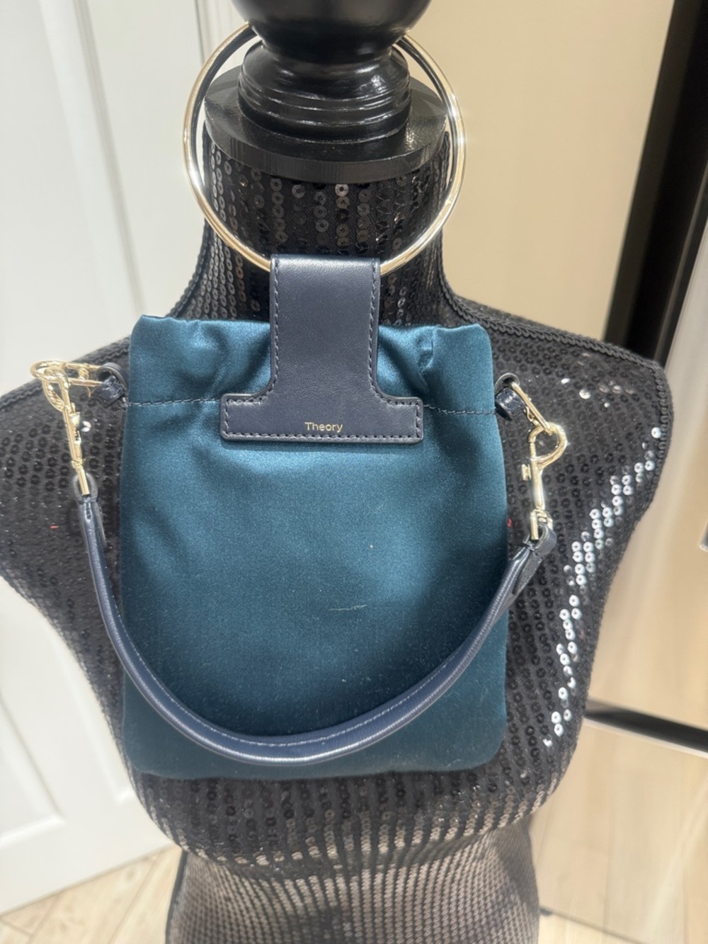 Theory Teal Satin Drawstring Shoulder Bag with Navy Leather Trim
